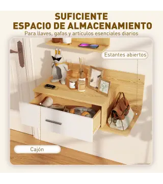 Conjunto de Recibidor de Entrada de Pared con Espejo y Almacenaje Espejo con Cajón y 2 Estantes Abiertos Madera Natural