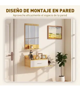 Conjunto de Recibidor de Entrada de Pared con Espejo y Almacenaje Espejo con Cajón y 2 Estantes Abiertos Madera Natural