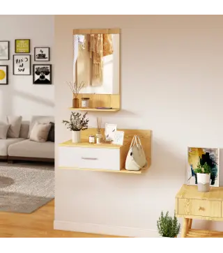 Conjunto de Recibidor de Entrada de Pared con Espejo y Almacenaje Espejo con Cajón y 2 Estantes Abiertos Madera Natural