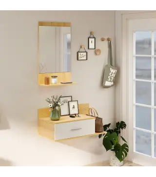 Conjunto de Recibidor de Entrada de Pared con Espejo y Almacenaje Espejo con Cajón y 2 Estantes Abiertos Madera Natural