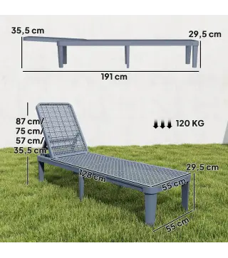 Tumbona Reclinable de Jardín Exterior con Respaldo Ajustable en 4 Posiciones y Marco de PP 191x55x35,5 cm Gris Oscuro