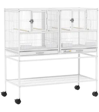 Jaula para Pájaros Grande con Divisor Ruedas 4 Comederos 4 Perchas Estante 2 Bandejas Extraíbles 95x45,5x102 cm Blanco