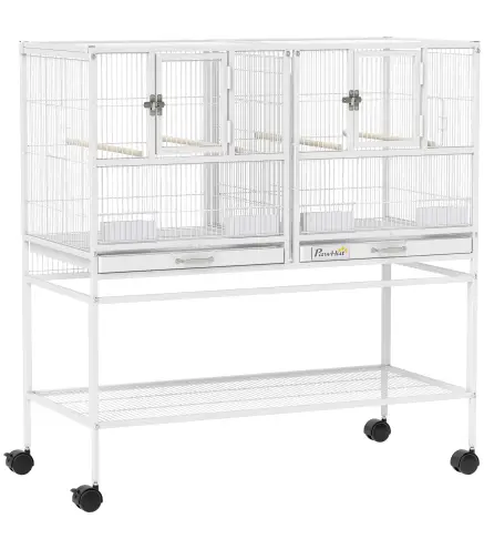 Jaula para Pájaros Grande con Divisor Ruedas 4 Comederos 4 Perchas Estante 2 Bandejas Extraíbles 95x45,5x102 cm Blanco