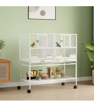 Jaula para Pájaros Grande con Divisor Ruedas 4 Comederos 4 Perchas Estante 2 Bandejas Extraíbles 95x45,5x102 cm Blanco