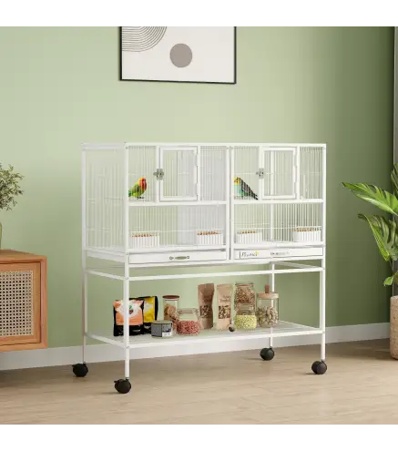 Jaula para Pájaros Grande con Divisor Ruedas 4 Comederos 4 Perchas Estante 2 Bandejas Extraíbles 95x45,5x102 cm Blanco