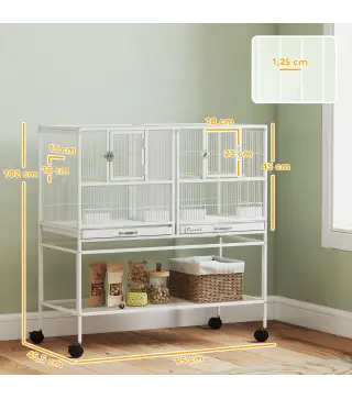 Jaula para Pájaros Grande con Divisor Ruedas 4 Comederos 4 Perchas Estante 2 Bandejas Extraíbles 95x45,5x102 cm Blanco