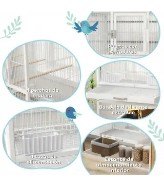 Jaula para Pájaros Grande con Divisor Ruedas 4 Comederos 4 Perchas Estante 2 Bandejas Extraíbles 95x45,5x102 cm Blanco