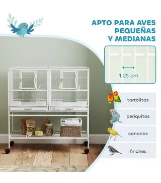 Jaula para Pájaros Grande con Divisor Ruedas 4 Comederos 4 Perchas Estante 2 Bandejas Extraíbles 95x45,5x102 cm Blanco