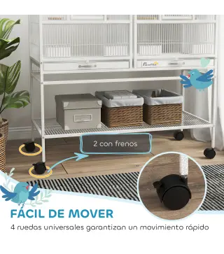 Jaula para Pájaros Grande con Divisor Ruedas 4 Comederos 4 Perchas Estante 2 Bandejas Extraíbles 95x45,5x102 cm Blanco