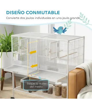 Jaula para Pájaros Grande con Divisor Ruedas 4 Comederos 4 Perchas Estante 2 Bandejas Extraíbles 95x45,5x102 cm Blanco