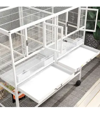 Jaula para Pájaros Grande con Divisor Ruedas 4 Comederos 4 Perchas Estante 2 Bandejas Extraíbles 95x45,5x102 cm Blanco