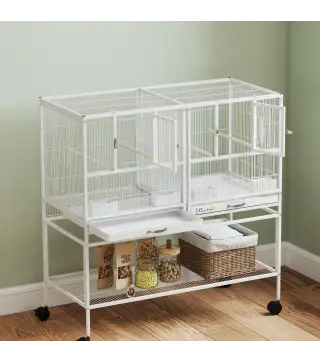 Jaula para Pájaros Grande con Divisor Ruedas 4 Comederos 4 Perchas Estante 2 Bandejas Extraíbles 95x45,5x102 cm Blanco