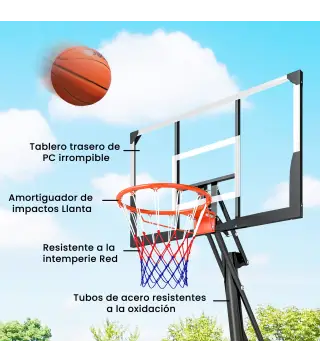 Canasta de Baloncesto para Exterior Ajustable de 245-305 cm con Ruedas Base Rellenable y Sistema de Retorno Negro