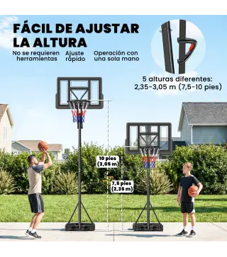 Canasta de Baloncesto Exterior con Ruedas Altura Ajustable 235-305 cm Base Rellenable y Bolsa de Peso Negro