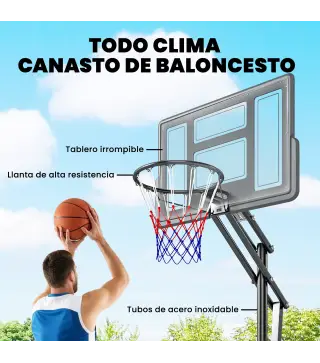 Canasta de Baloncesto Exterior con Ruedas Altura Ajustable 235-305 cm Base Rellenable y Bolsa de Peso Negro