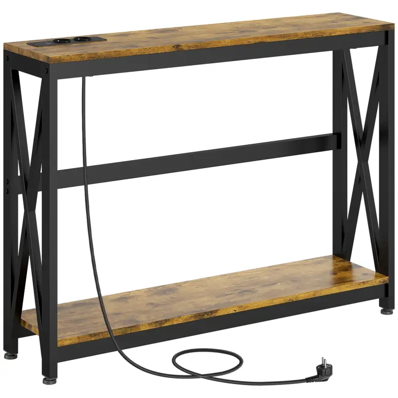 Mesa de Entrada de 2 Niveles con Estación de Carga 2 USB y Marco de Acero Mueble de Recibidor 100x24x75cm Marrón Rústico Mesa de Entrada de 2 Niveles con Estación de Carga 2 USB y Marco de Acero Mueble de Recibidor 100x24x75cm Marrón Rústico