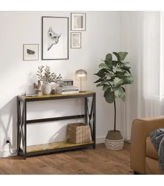 Mesa de Entrada de 2 Niveles con Estación de Carga 2 USB y Marco de Acero Mueble de Recibidor 100x24x75cm Marrón Rústico