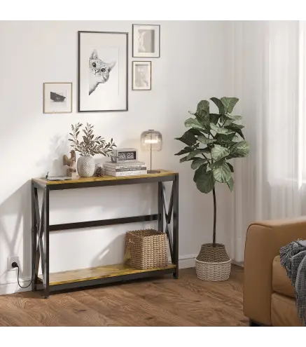 Mesa de Entrada de 2 Niveles con Estación de Carga 2 USB y Marco de Acero Mueble de Recibidor 100x24x75cm Marrón Rústico