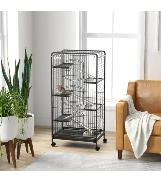 Jaula para Roedores de 6 Niveles con Ruedas Plataformas Bandeja Extraíble Comedero y Bebedero 61,5x44x131 cm Negro