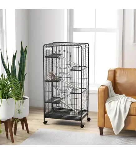 Jaula para Roedores de 6 Niveles con Ruedas Plataformas Bandeja Extraíble Comedero y Bebedero 61,5x44x131 cm Negro