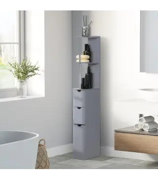 Columna de Baño Moderno Mueble Auxiliar de Baño con 2 Estantes 2 Cajones y 1 Puerta Antivuelco 15x33x136,8 cm Gris