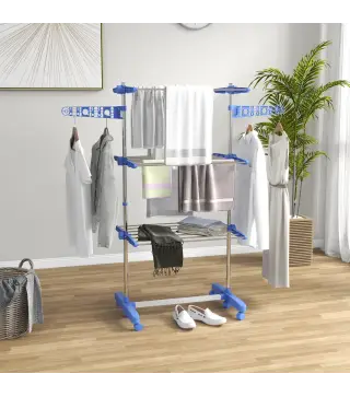 Tendedero Vertical de 3 Niveles con 6 Ruedas 2 Laterales Abatibles Estantes Ajustables y Marco de Acero Inoxidable Azul