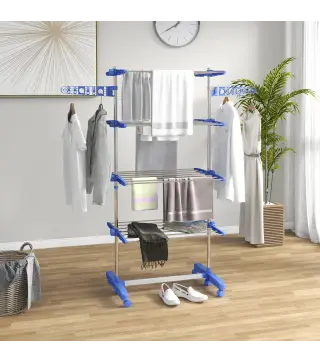 Tendedero Vertical de 4 Niveles con 6 Ruedas 2 Laterales Abatibles Estantes Ajustables y Marco de Acero Inoxidable Azul