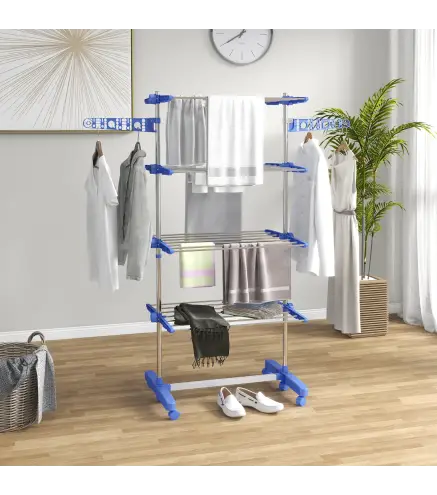 Tendedero Vertical de 4 Niveles con 6 Ruedas 2 Laterales Abatibles Estantes Ajustables y Marco de Acero Inoxidable Azul