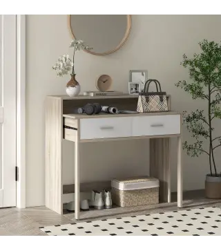 Mesa Consola Escritorio Extensible de 2 Niveles con Rieles Deslizantes 2 Cajones y 2 Ruedas 95x35x87 cm Roble