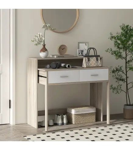 Mesa Consola Escritorio Extensible de 2 Niveles con Rieles Deslizantes 2 Cajones y 2 Ruedas 95x35x87 cm Roble