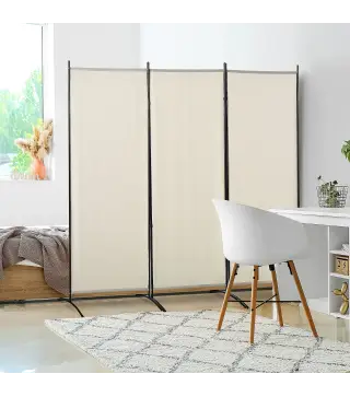 Biombo Separador de Ambientes de 3 Paneles 253x50x182 cm Divisor de Habitación Plegable con 6 Pies de Metal Beige