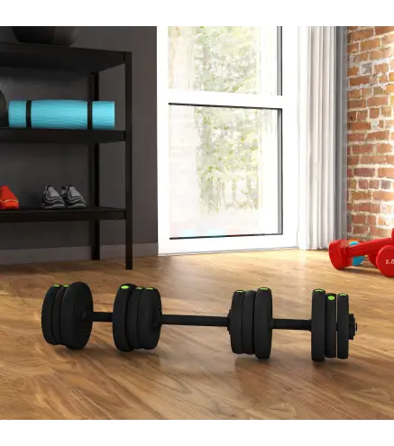 Kit de Mancuernas 20kg 2 en 1 con Barra de Pesas Mango Antideslizante para Entrenamiento de Fuerza Negro Verde