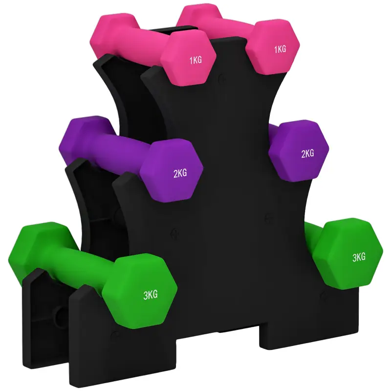 Set de Mancuernas Hexagonal 2 x1kg 2 x2kg 2 x3kg con Soporte de Almacenamiento para Entrenamiento en Casa Multicolor
