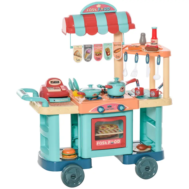 Cocina de Juguete para Niños de 3-6 Años con Ruedas Caja Registradora y Accesorios 79,5x33x90,5 cm Multicolor