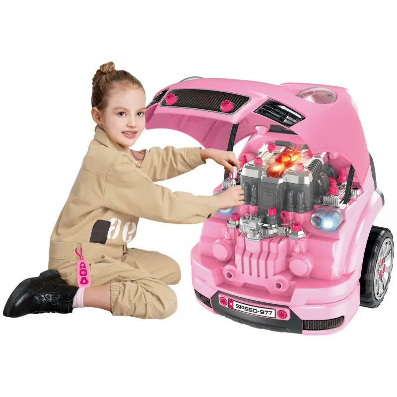 Juego Infantil de Motor con Herramientas 61 Piezas Volante Bocina Faros Caja de Almacenaje y Ruedas 40x39x47 cm Rosa