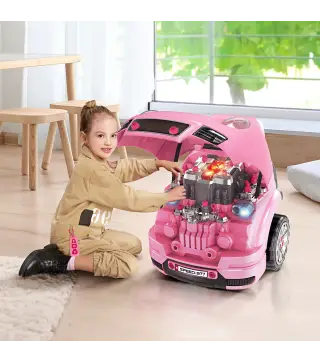 Juego Infantil de Motor con Herramientas 61 Piezas Volante Bocina Faros Caja de Almacenaje y Ruedas 40x39x47 cm Rosa