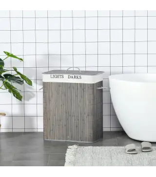 Cesto para Ropa Sucia de Bambú Capacidad de 100L con Tapa Extraíble Bolsa de 2 Compartimentos 52x32x63 cm Gris