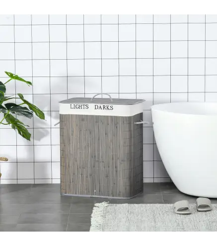 Cesto para Ropa Sucia de Bambú Capacidad de 100L con Tapa Extraíble Bolsa de 2 Compartimentos 52x32x63 cm Gris