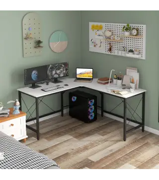 Escritorio Esquinero Moderno con Marco de Acero Carga 70 kg para Oficina Hogar Estudio 150x150x76 cm Blanco