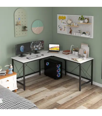 Escritorio Esquinero Moderno con Marco de Acero Carga 70 kg para Oficina Hogar Estudio 150x150x76 cm Blanco