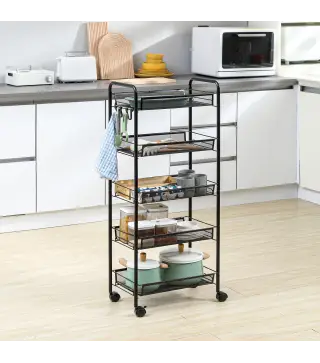 Carrito Auxiliar con Ruedas de 5 Niveles con Cestas de Malla Extraíbles y Marco de Acero 45x26,5x106 cm Negro