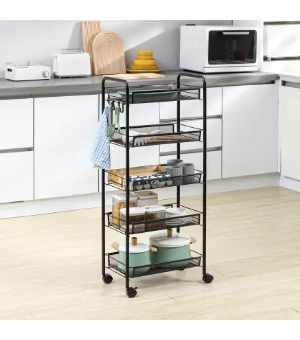 Carrito Auxiliar con Ruedas de 5 Niveles con Cestas de Malla Extraíbles y Marco de Acero 45x26,5x106 cm Negro