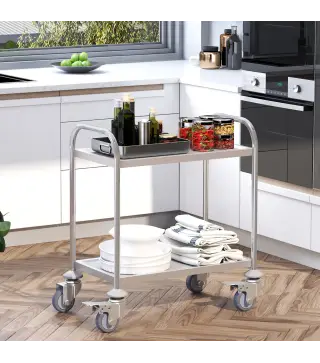 Carrito de Cocina de Acero Inoxidable con 2 Bandejas y 2 Brazos para Comedor Salón 80x45x82 cm Plata
