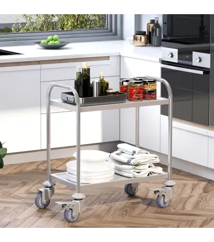 Carrito de Cocina de Acero Inoxidable con 2 Bandejas y 2 Brazos para Comedor Salón 80x45x82 cm Plata