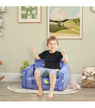 Sofa Infantil Plegable 2 en 1 Tapizado de Tela Luminosa con Patron Cosmico Cojin y Funda Lavables Azul