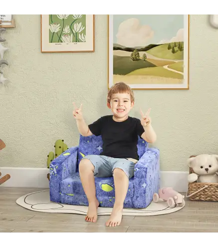 Sofa Infantil Plegable 2 en 1 Tapizado de Tela Luminosa con Patron Cosmico Cojin y Funda Lavables Azul
