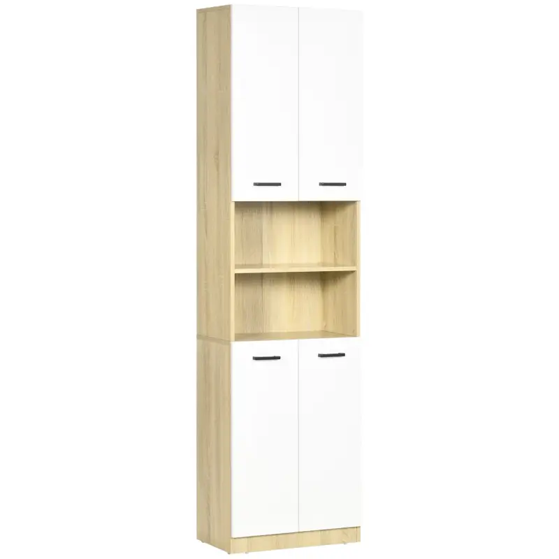 Armario Alto de Baño con 4 Puertas 2 Estantes Abiertos y Estantes Ajustables 53x33,5x195,7 cm Blanco y Roble