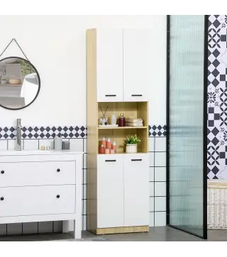Armario Alto de Baño con 4 Puertas 2 Estantes Abiertos y Estantes Ajustables 53x33,5x195,7 cm Blanco y Roble