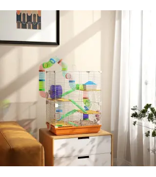 Jaula de Hámster con Túnel Plataformas Cuenco Bebedero Casita Rampas y Rueda de Ejercicio 46x30x58 cm Naranja