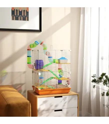 Jaula de Hámster con Túnel Plataformas Cuenco Bebedero Casita Rampas y Rueda de Ejercicio 46x30x58 cm Naranja